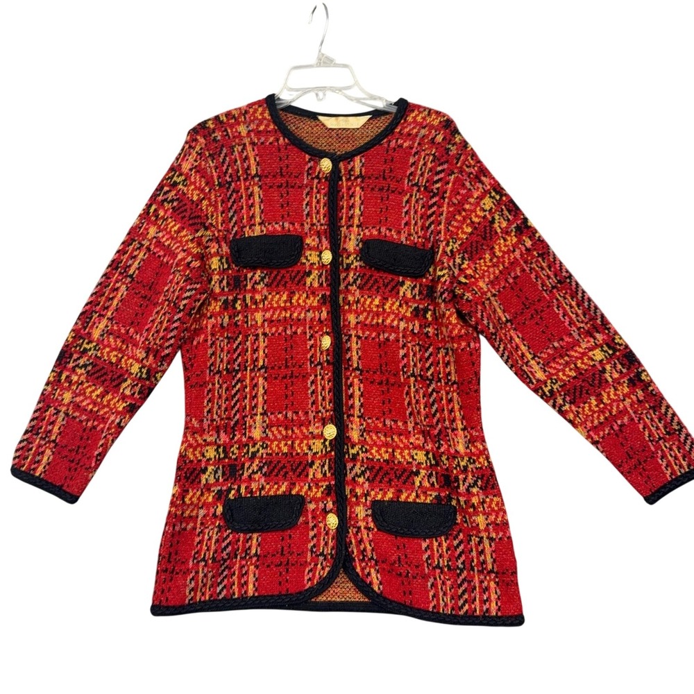 Vintage St Michael Cardigan Sweater Womens Medium Red Plaid Button Pockets 80s